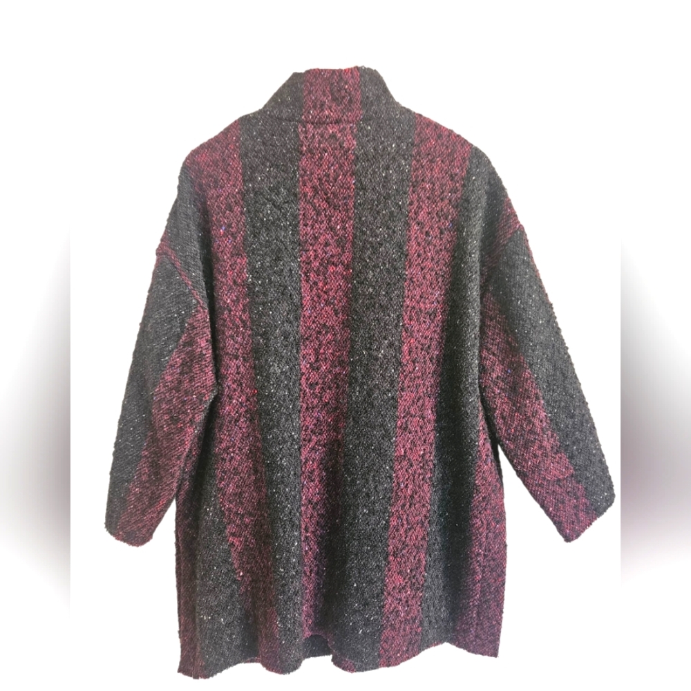 IRO Beverly Black Burgundy Wool Blend Stripe Open Front Coat Size 8 - Picture 3 of 6